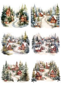 Papier ryżowy A4 do decoupage Artando - widok, pejzaż zimowy, domy, chatki, choinki, zima