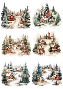 Papier ryżowy A4 do decoupage Artando - widok, pejzaż zimowy, domy, chatki, choinki, zima
