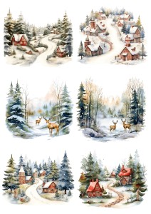 Papier ryżowy A4 do decoupage Artando - widok, pejzaż zimowy, domy, chatki, choinki, jelenie, zima