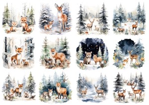 Papier ryżowy A4 do decoupage Artando - widok, pejzaż zimowy, zwierzęta,  lisy, jelenie, zima