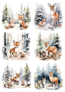 Papier ryżowy A4 do decoupage Artando - widok, pejzaż zimowy, zwierzęta,  lisy, sarny, zima