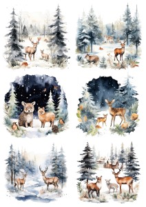 Papier ryżowy A4 do decoupage Artando - widok, pejzaż zimowy, zwierzęta,  lisy, jelenie, zima