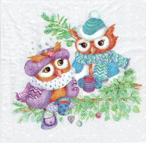 Serwetka decoupage 33x33 cm - ptaki, ptaszki, sowy, sówki, liście, zima