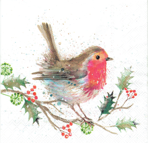 Serwetka decoupage 33x33 cm - ptak, ptaszek, ostrokrzew, zima