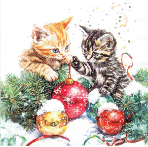 Serwetka decoupage 33x33 cm - koty, kotki, bombki, zima, święta
