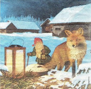 Serwetka decoupage 33x33 cm - krasnal, lis, zima