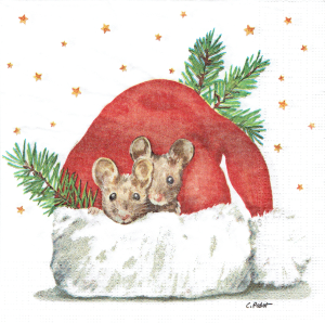 Serwetka decoupage 33x33 cm - myszy, myszki, czapka, zima
