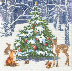 Serwetka decoupage 33x33 cm - zwierzęta, choinka, las, zima