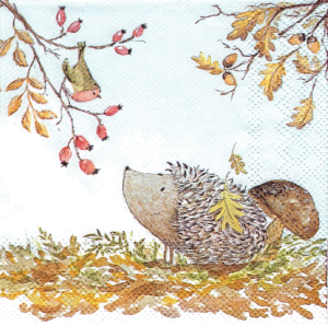 Serwetka decoupage mała 25x25cm - jeż, jeżyk, grzyb, liście, ptak