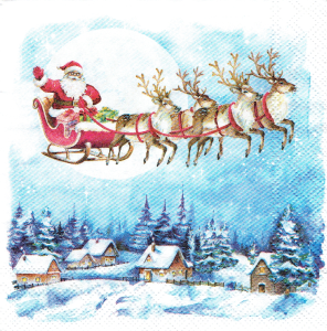 Serwetka decoupage mała 25x25cm - widok, pejzaż zimowy, domy, Mikołaj, renifery
