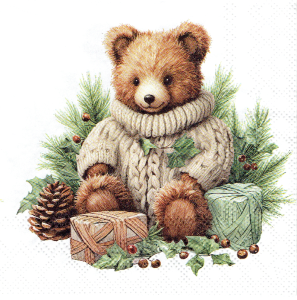 Serwetka decoupage mała 25x25cm - niedźwiadek, miś, szyszka, prezenty