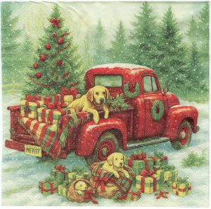 Serwetka decoupage 33x33 cm - Samochód, auto, psy, pieski, las, zima