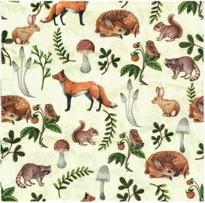 Serwetka decoupage 33x33 cm - zwierzęta, ptaki, liście, grzyby, poziomki