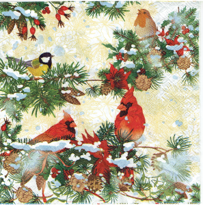 Serwetka decoupage 33x33 cm - ptaki, ptaszki, gałązki, szyszki, zima
