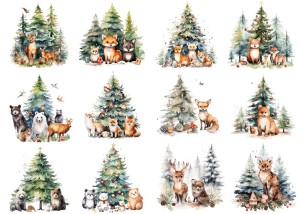 Papier ryżowy A4 do decoupage Artando - zwierzęta, choinki, las, zima