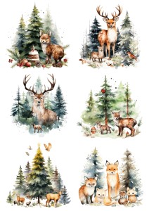 Papier ryżowy A4 do decoupage Artando - zwierzęta, jelenie, lisy, choinki, las, zima