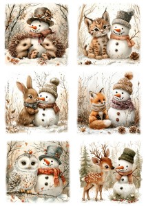 Papier ryżowy A4 do decoupage Artando - bałwany, bałwanki, zwierzęta, ptaki, zima