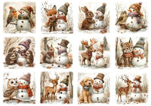 Papier ryżowy A4 do decoupage Artando - bałwany, bałwanki, zwierzęta, ptaki, zima