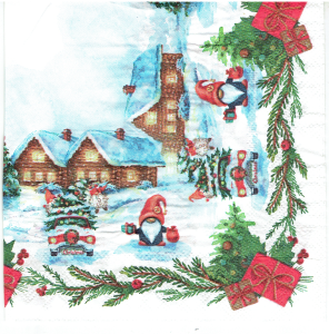 Serwetka decoupage 33x33 cm - krasnale, skrzaty, gnomy, choinki, domy, zima