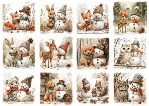 Papier ryżowy A4 do decoupage Artando - bałwany, bałwanki, zwierzęta, ptaki, zima