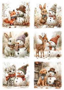 Papier ryżowy A4 do decoupage Artando - bałwany, bałwanki, zwierzęta, ptaki, zima