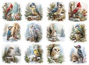 Papier ryżowy A4 do decoupage Artando - ptaki, ptaszki, drzewa, las, zima