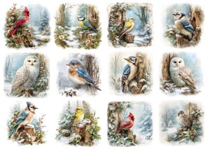 Papier ryżowy A4 do decoupage Artando - ptaki, ptaszki, drzewa, las, zima