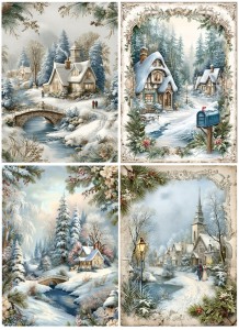 Papier ryżowy A4 do decoupage Artando -widok, pejzaż zimowy, domy, zima