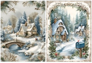 Papier ryżowy A4 do decoupage Artando -widok, pejzaż zimowy, domy, zima 