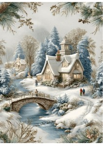 Papier ryżowy A4 do decoupage Artando -widok, pejzaż zimowy, domy, zima  