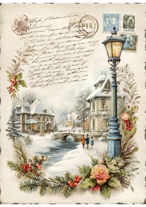 Papier ryżowy A4 do decoupage Artando -widok, pejzaż zimowy, domy, zima 