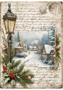 Papier ryżowy A4 do decoupage Artando -widok, pejzaż zimowy, domy, zima