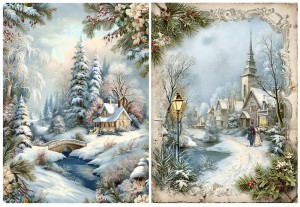 Papier ryżowy A4 do decoupage Artando -widok, pejzaż zimowy, domy, zima
