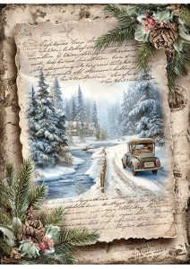 Papier ryżowy A4 do decoupage Artando -widok, pejzaż zimowy, domy, zima