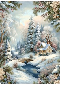 Papier ryżowy A4 do decoupage Artando -widok, pejzaż zimowy, domy, zima