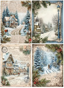 Papier ryżowy A4 do decoupage Artando -widok, pejzaż zimowy, domy, zima