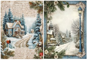 Papier ryżowy A4 do decoupage Artando -widok, pejzaż zimowy, domy, zima