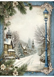 Papier ryżowy A4 do decoupage Artando -widok, pejzaż zimowy, domy, zima