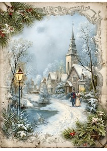 Papier ryżowy A4 do decoupage Artando -widok, pejzaż zimowy, domy, zima 