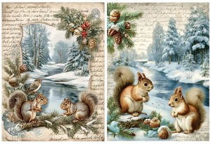 Papier ryżowy A4 do decoupage Artando -widok, pejzaż zimowy, wiewiórki, zima 