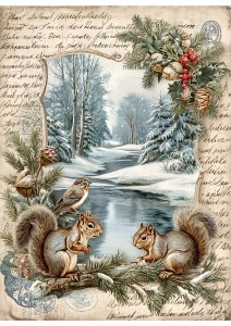 Papier ryżowy A4 do decoupage Artando -widok, pejzaż zimowy, wiewiórki, zima