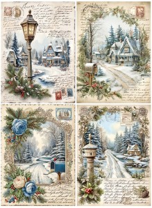 Papier ryżowy A4 do decoupage Artando -widok, pejzaż zimowy, domy, zima