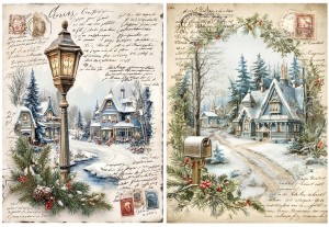Papier ryżowy A4 do decoupage Artando -widok, pejzaż zimowy, domy, zima 