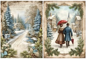 Papier ryżowy A4 do decoupage Artando -widok, pejzaż zimowy, domy, zima 