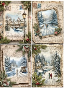 Papier ryżowy A4 do decoupage Artando -widok, pejzaż zimowy, domy, zima