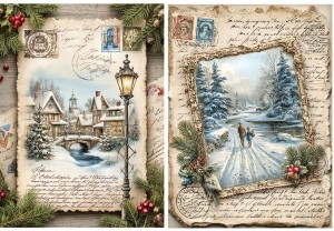 Papier ryżowy A4 do decoupage Artando -widok, pejzaż zimowy, domy, zima