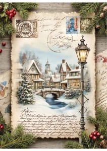 Papier ryżowy A4 do decoupage Artando -widok, pejzaż zimowy, domy, zima