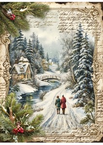 Papier ryżowy A4 do decoupage Artando - widok, pejzaż zimowy, domy, zima