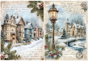 Papier ryżowy A4 do decoupage Artando - widok, pejzaż zimowy, domy, zima