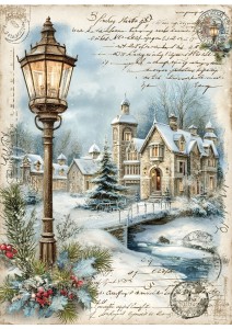 Papier ryżowy A4 do decoupage Artando - widok, pejzaż zimowy, domy, zima